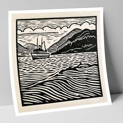 Monochrome Steamer on Ullswater lake district lake art print
