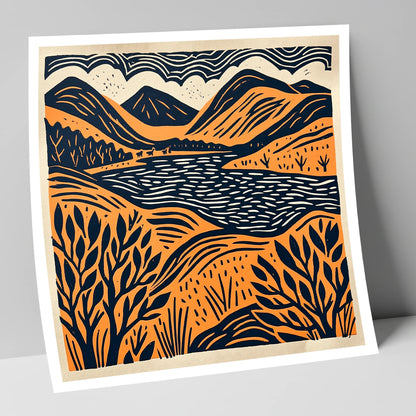 Terracotta and Navy Lake Fells lake district lake art print