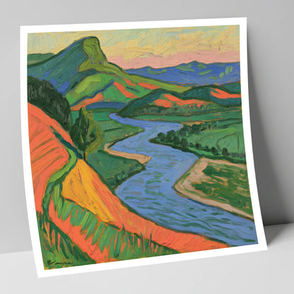 Vivid Orange and Green River Valley lake district waterfall art print