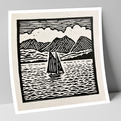 Monochrome Sailing Boat on Windermere lake district lake art print