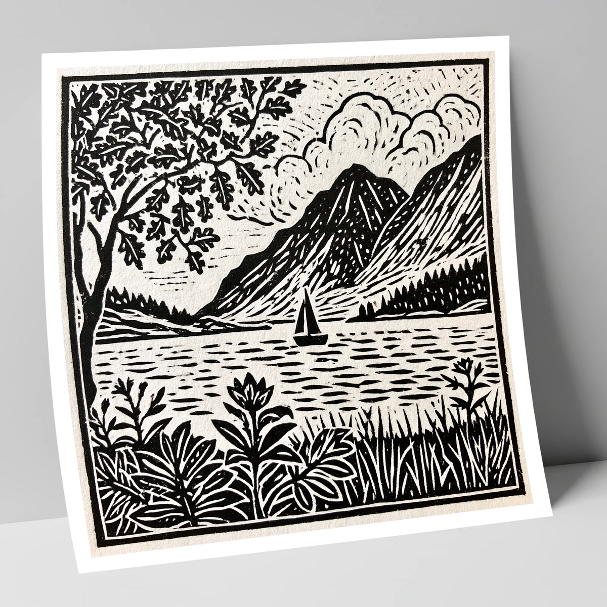 Monochrome Ennerdale Fells and Sailboat lake district valley art print