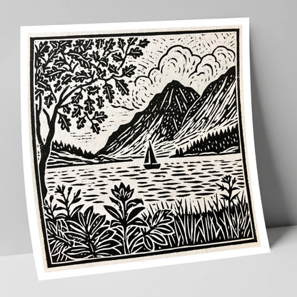 Monochrome Ennerdale Fells and Sailboat lake district valley art print
