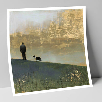 Shepherd and Dog in Golden Mist lake district wildlife art print
