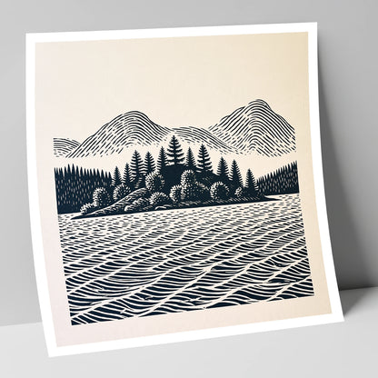 Graphic Derwentwater Island Landscape lake district lake art print