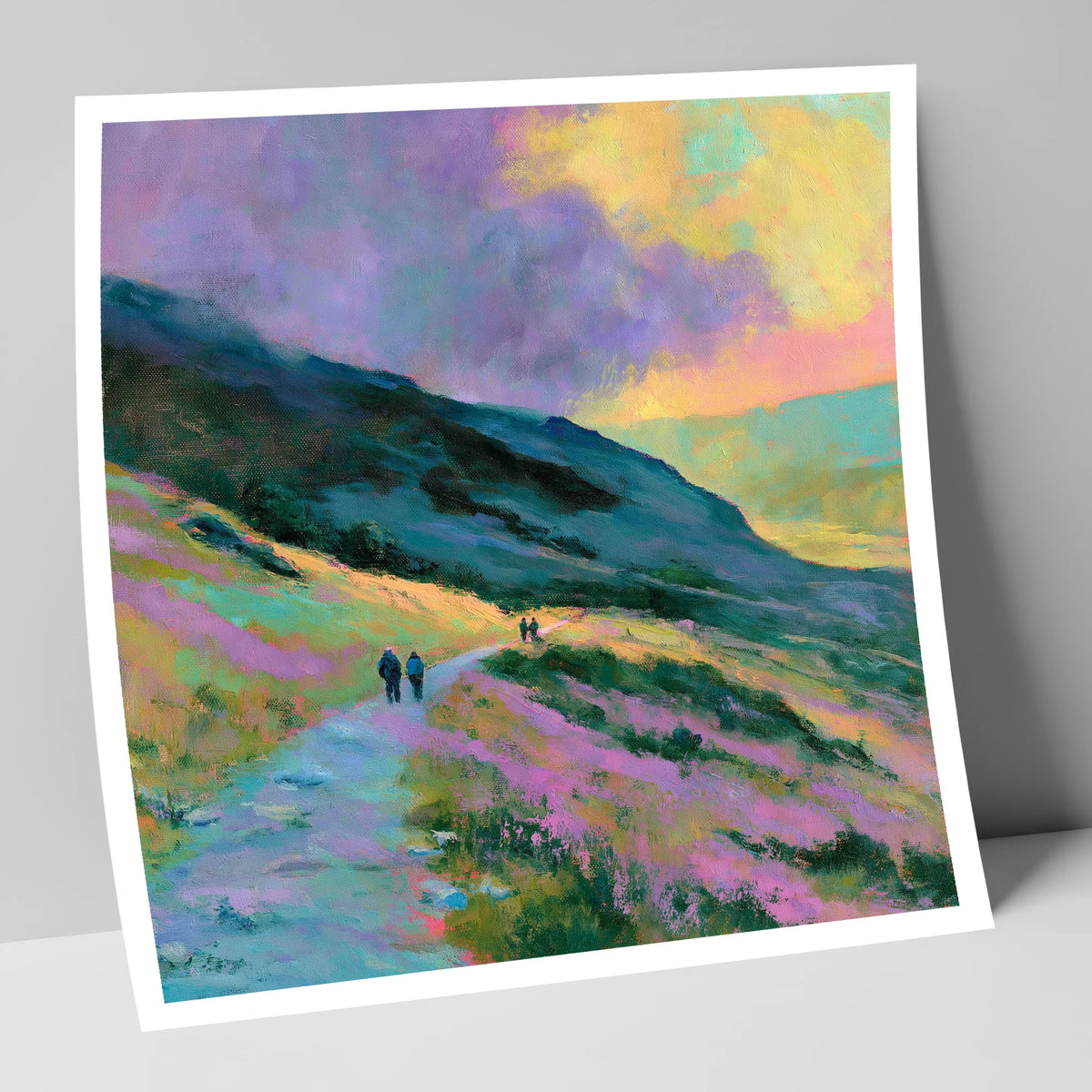 Walkers on Pastel Mountain Path lake district walking art print