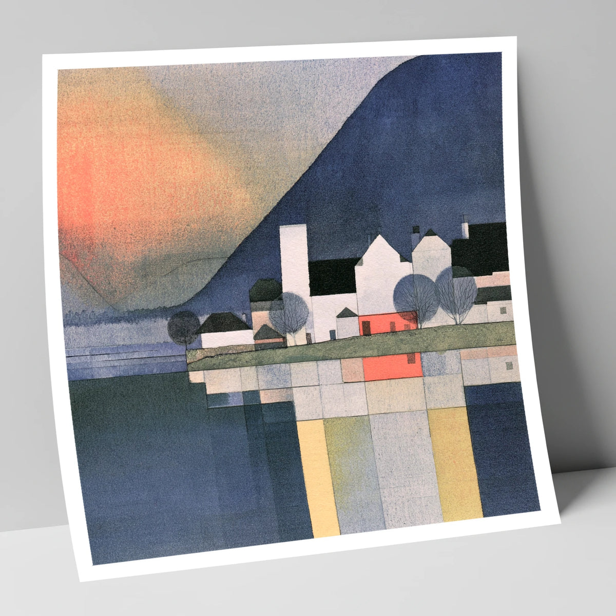 Lakeside Village Geometric Reflections lake district village art print