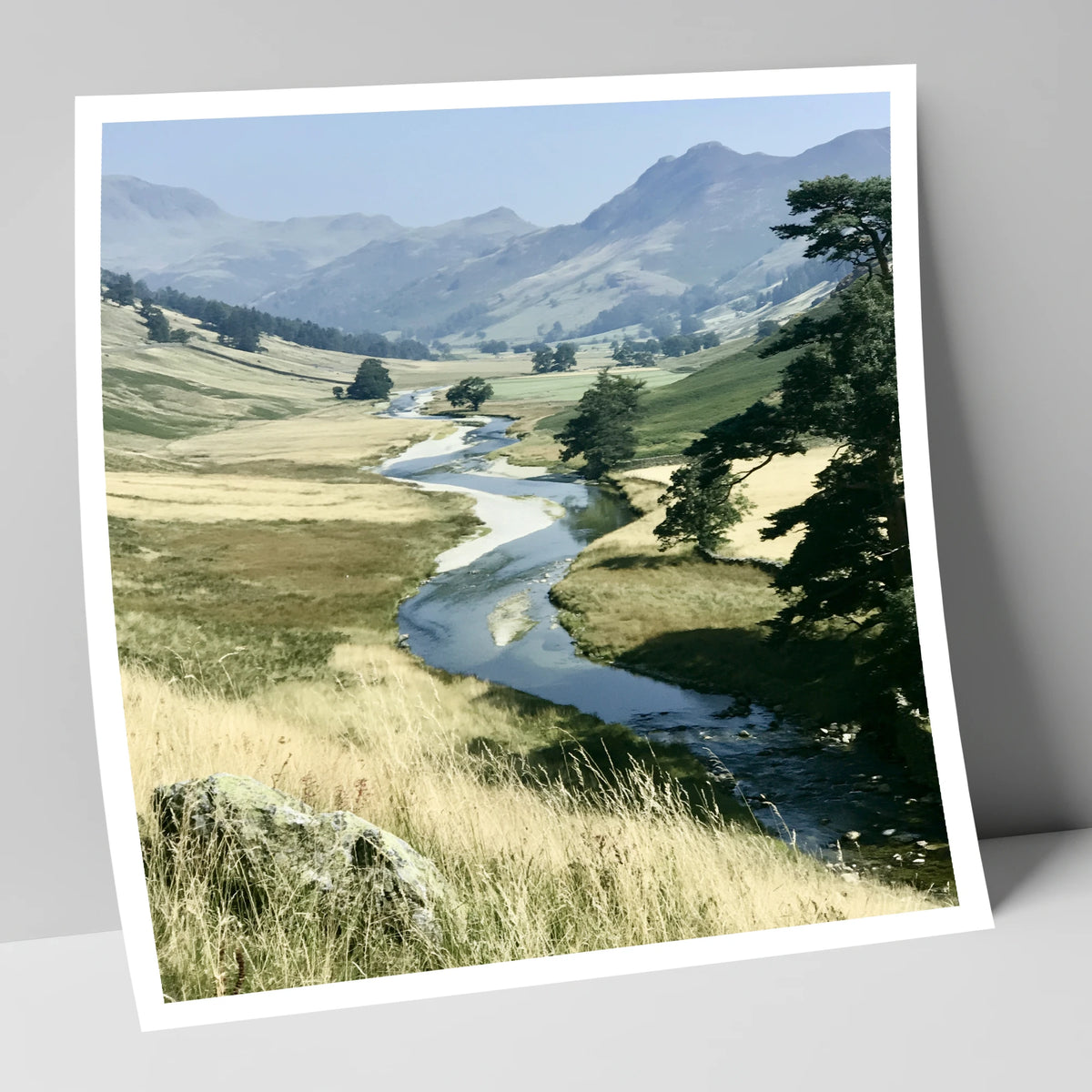 Winding River Beneath Hazy Fells lake district waterfall art print