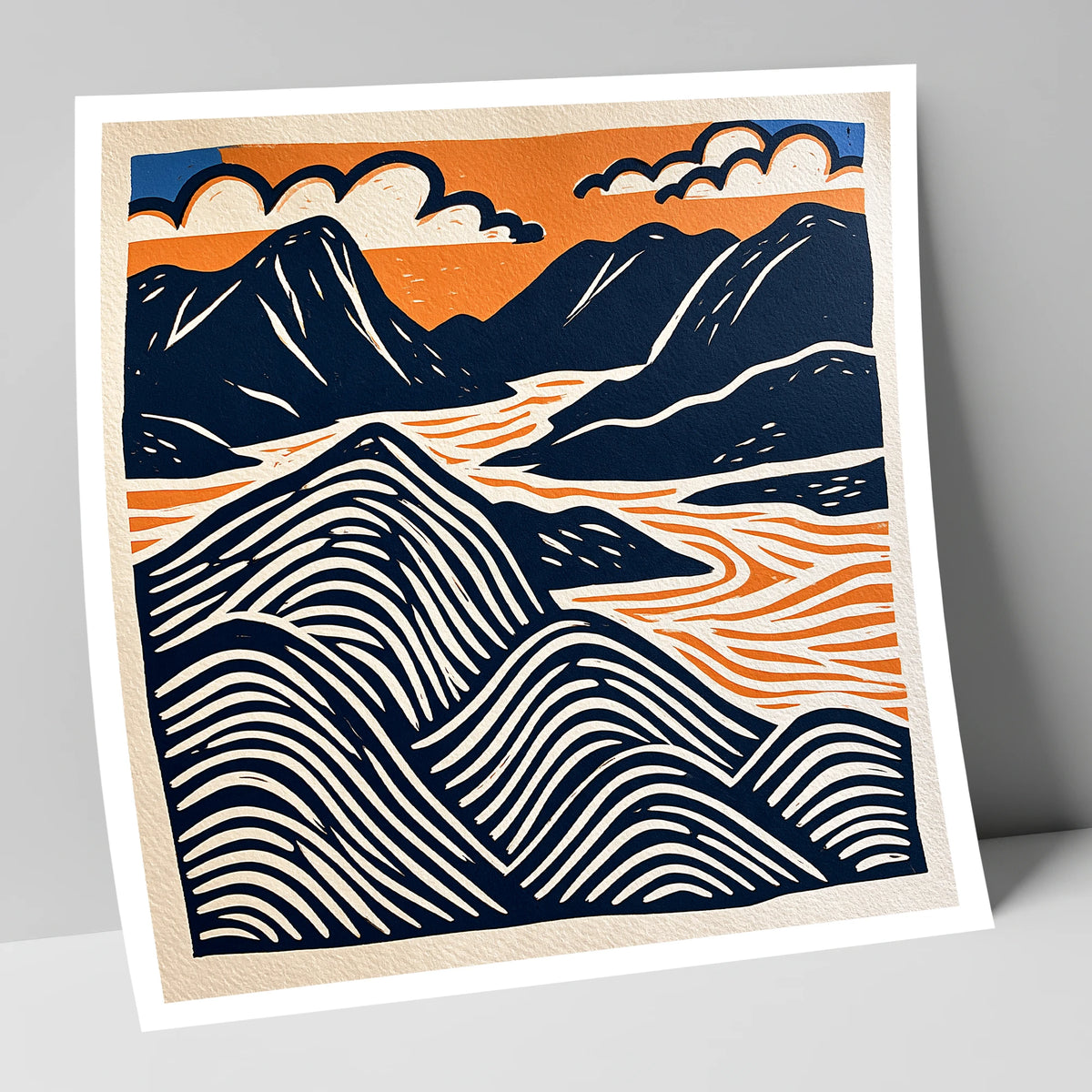 Mountain Summit in Navy and Orange lake district fell art print