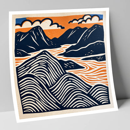 Mountain Summit in Navy and Orange lake district fell art print
