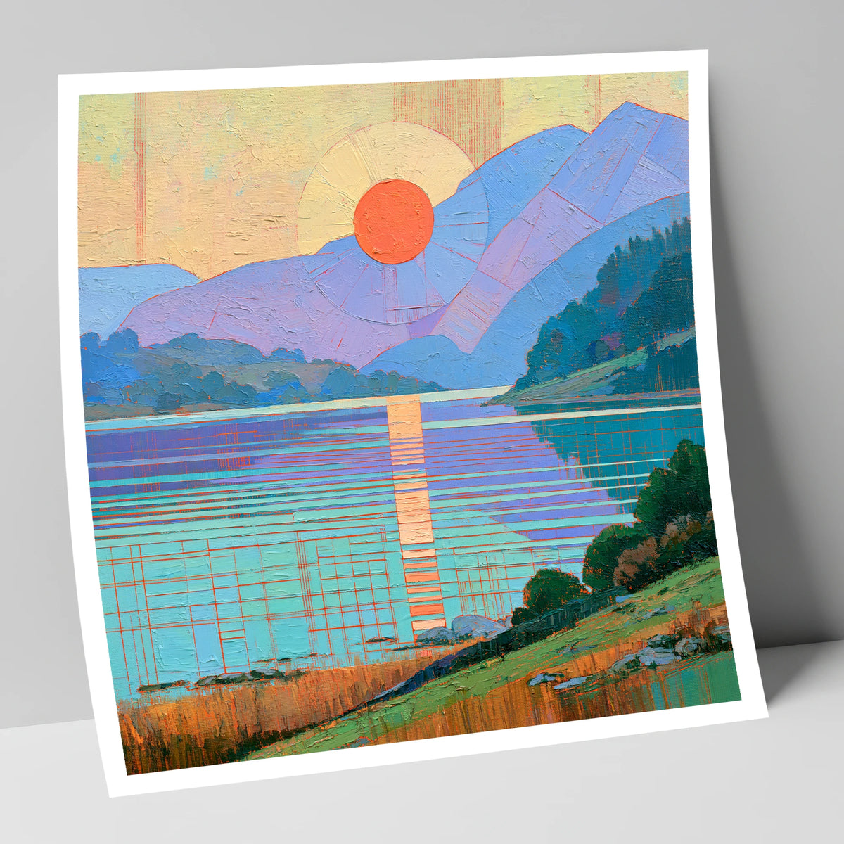 Geometric Lakeland Sunset Over Water lake district lake art print