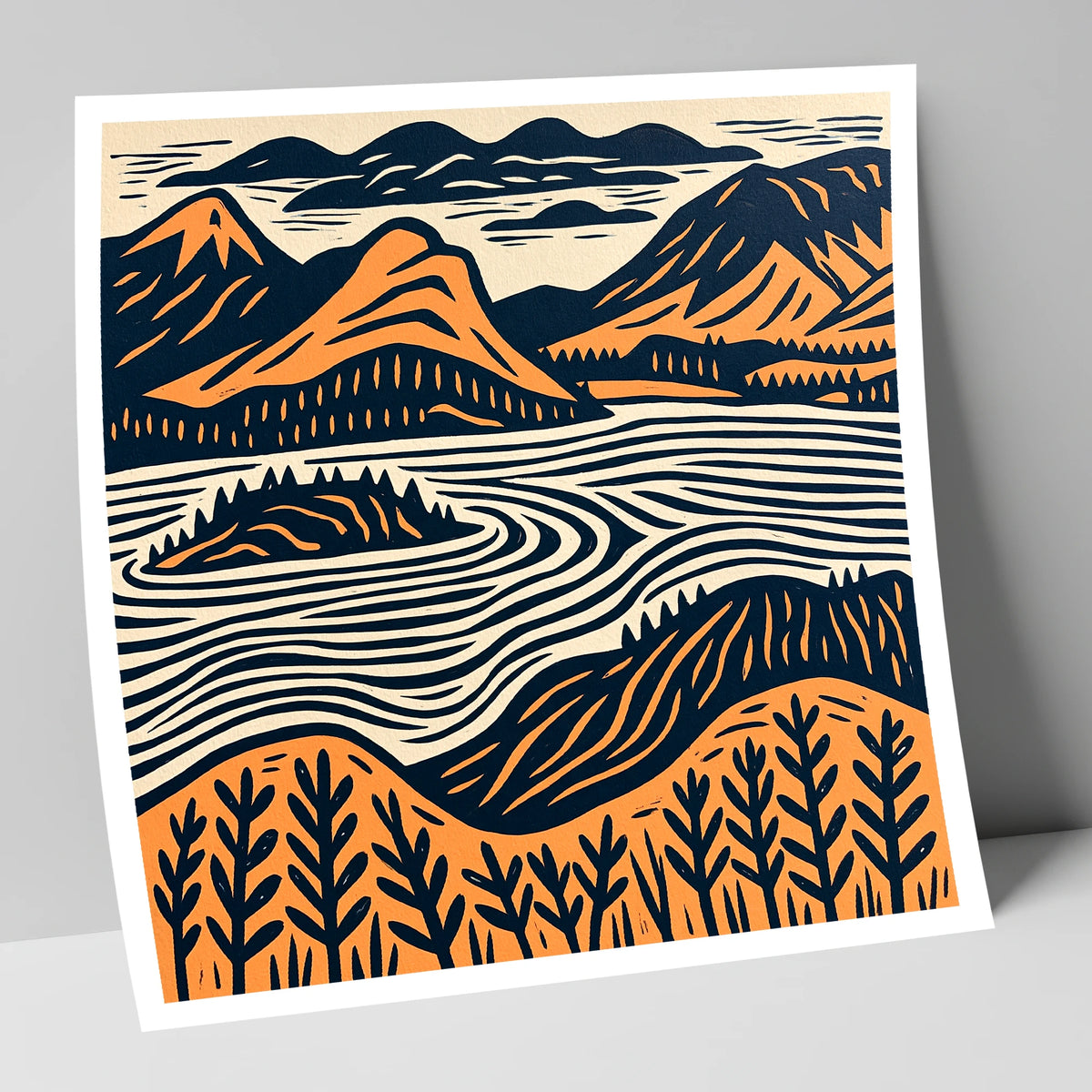 Derwentwater Island in Orange and Navy lake district lake art print