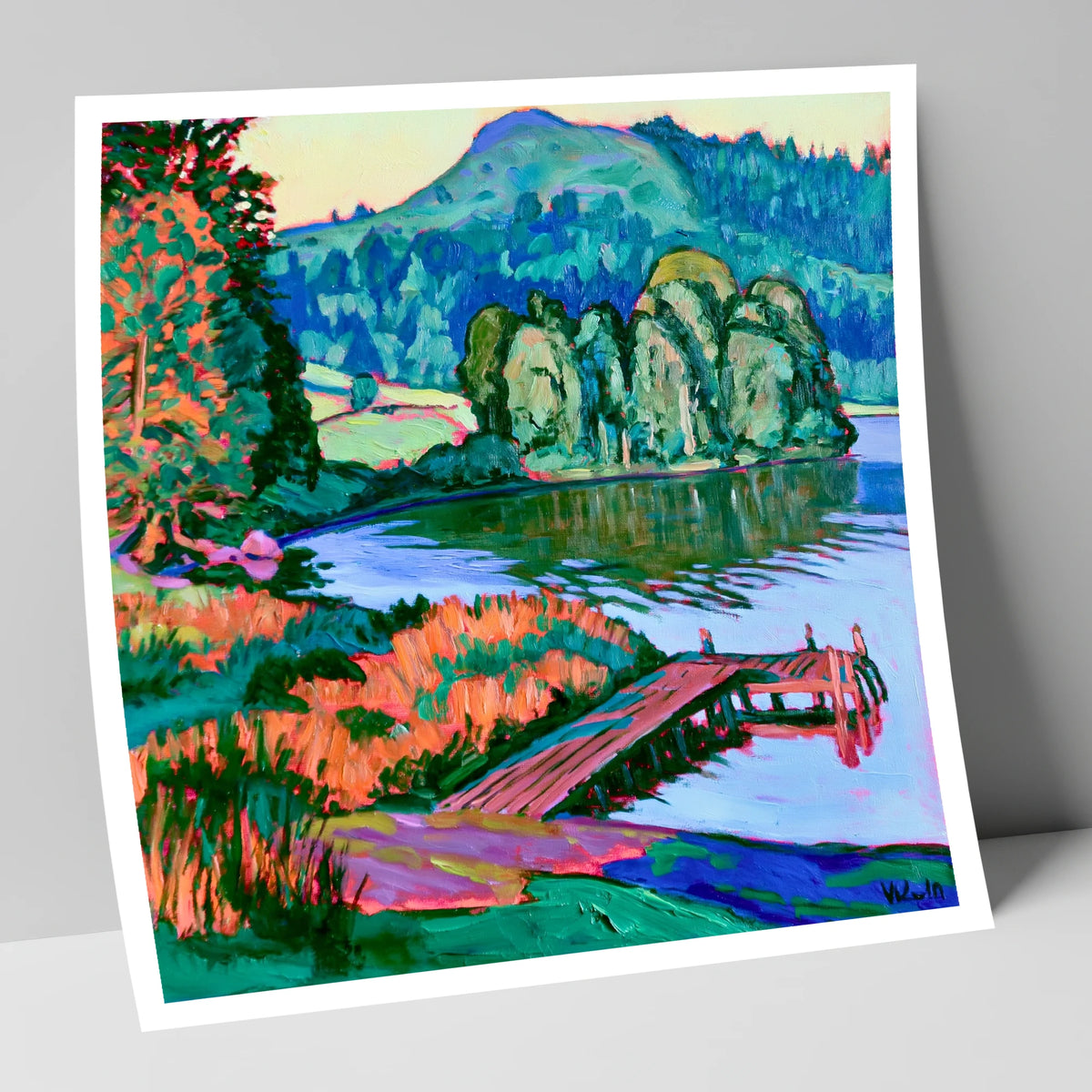 Vibrant Wooden Pier at Grasmere lake district lake art print