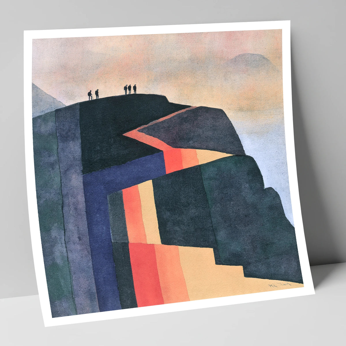 Hikers on Bold Geometric Fells lake district fell art print