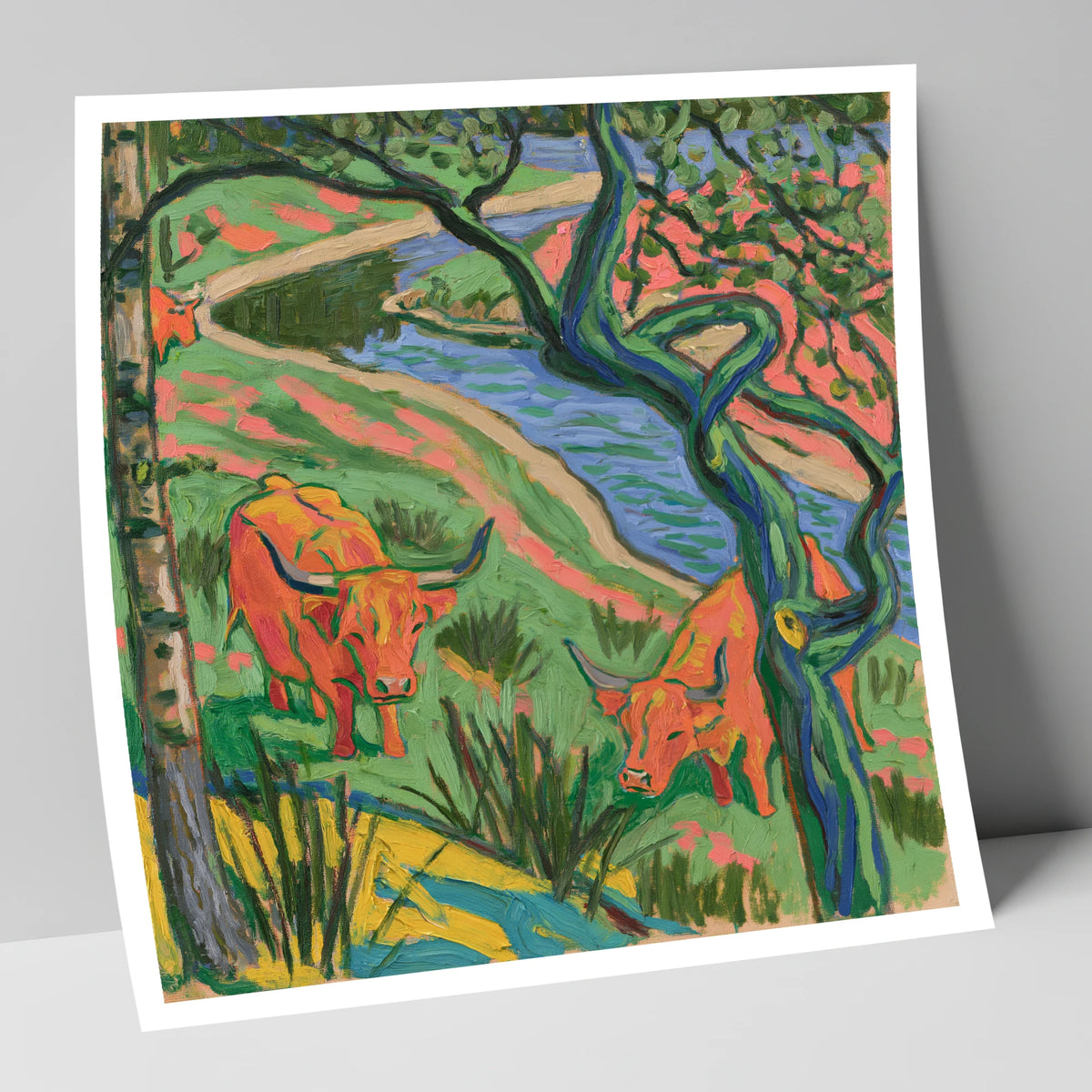 Vibrant Highland Cattle by the Beck lake district wildlife art print