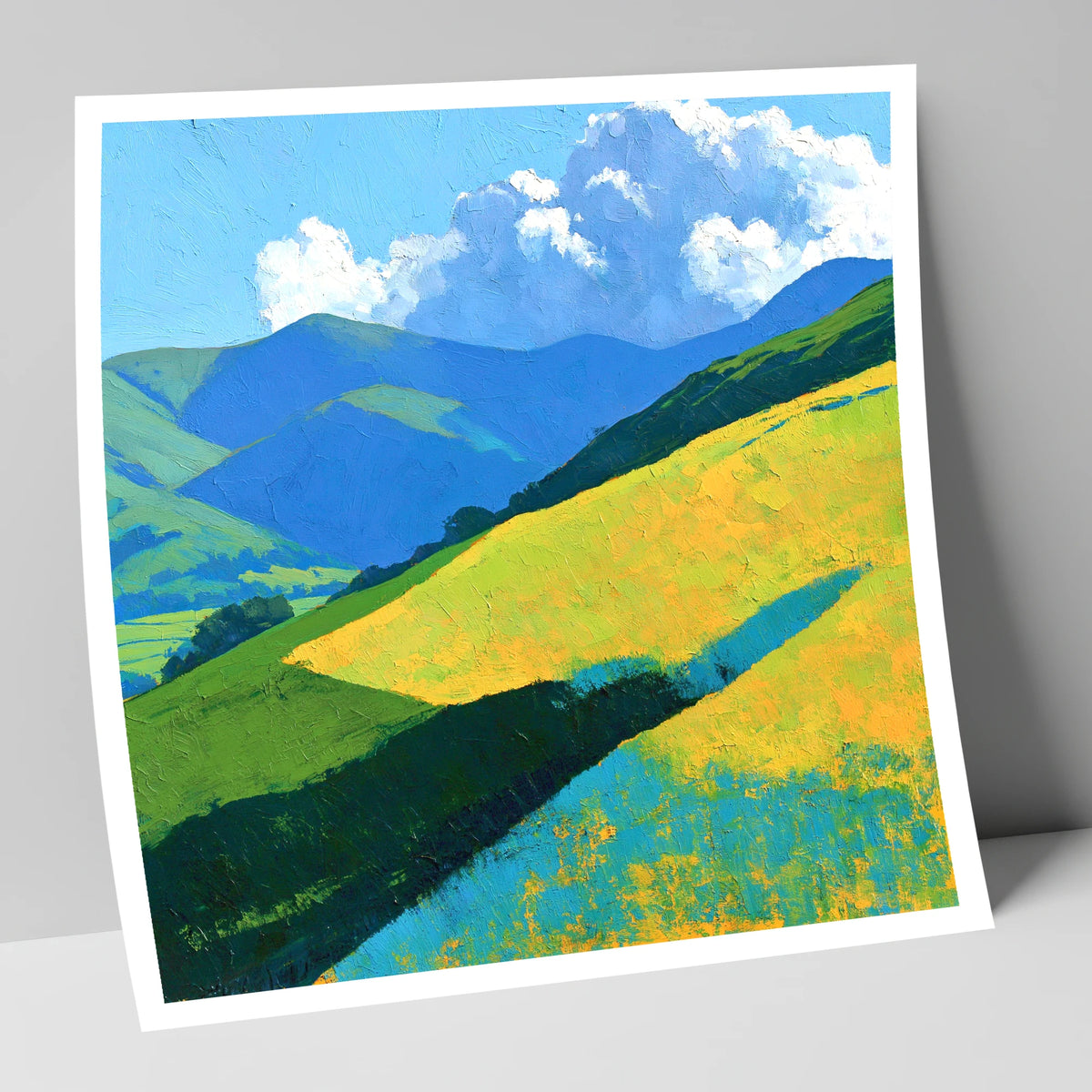 Sunlit Fells in Cerulean and Gold lake district fell art print