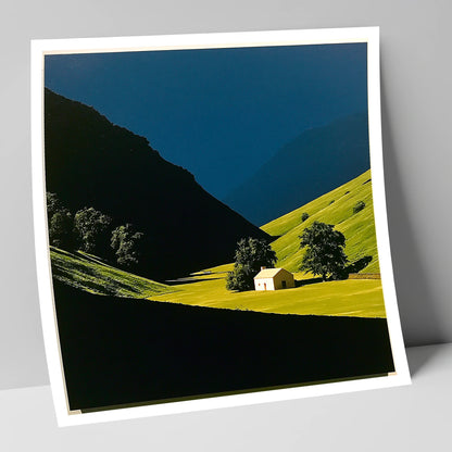 Sunlit Farmhouse in a Green Valley lake district valley art print