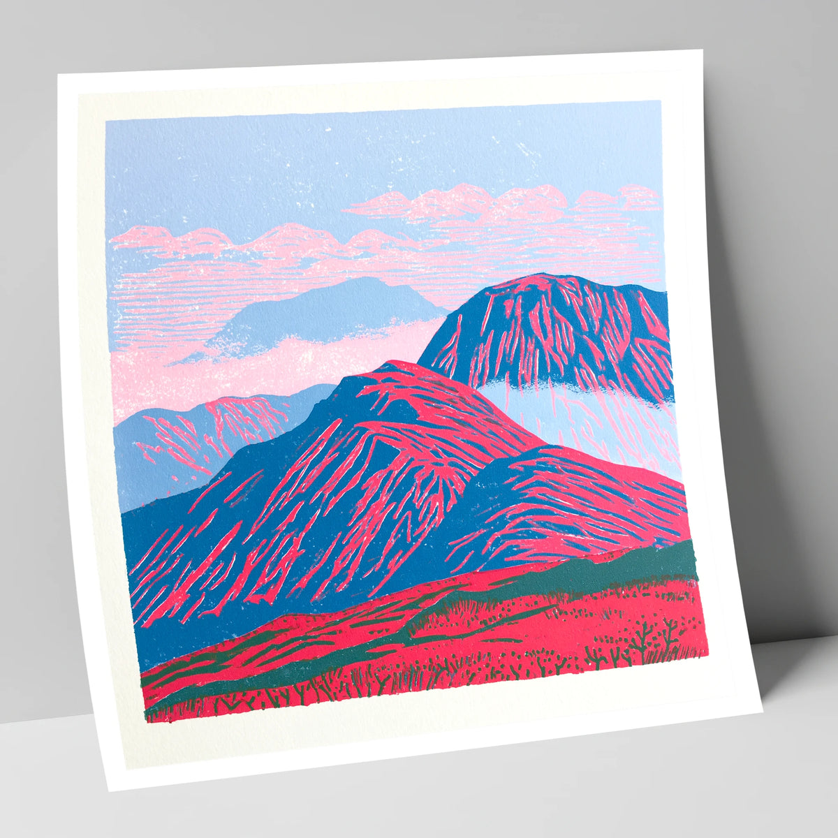 Vibrant Red Misty Mountain Ridge lake district fell art print