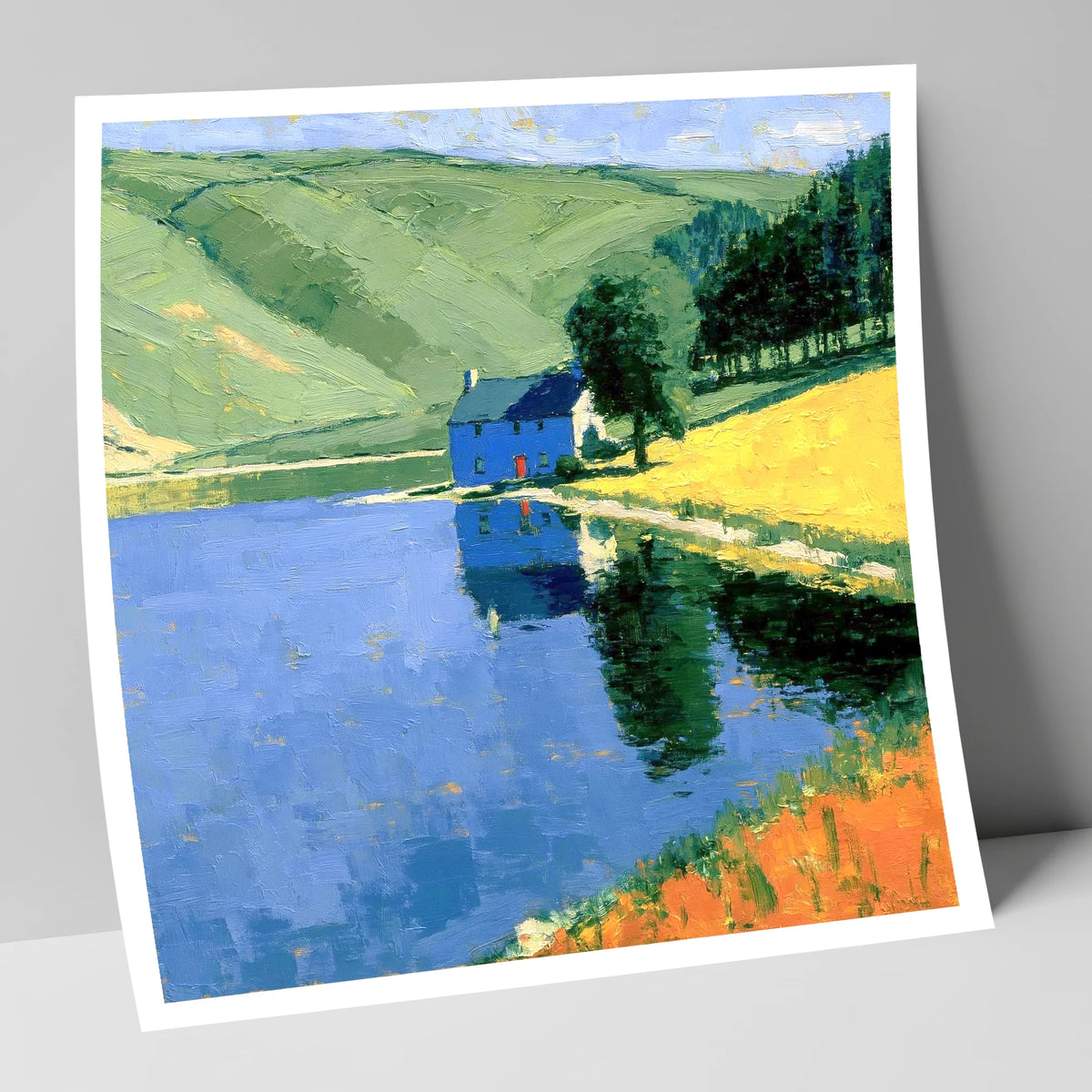 Blue Cottage on Calm Lake lake district lake art print