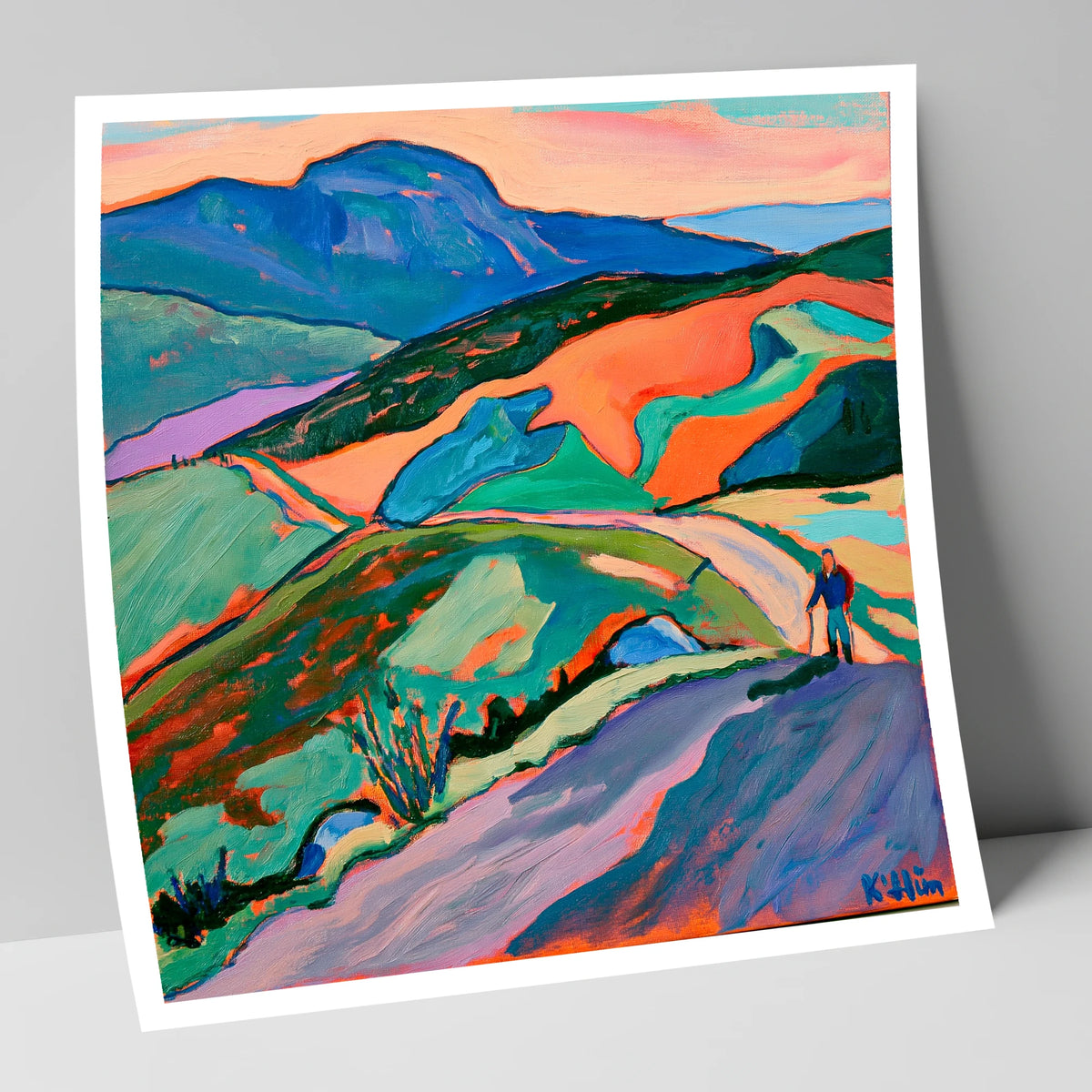 Lone Hiker on Colourful Fells lake district walking art print