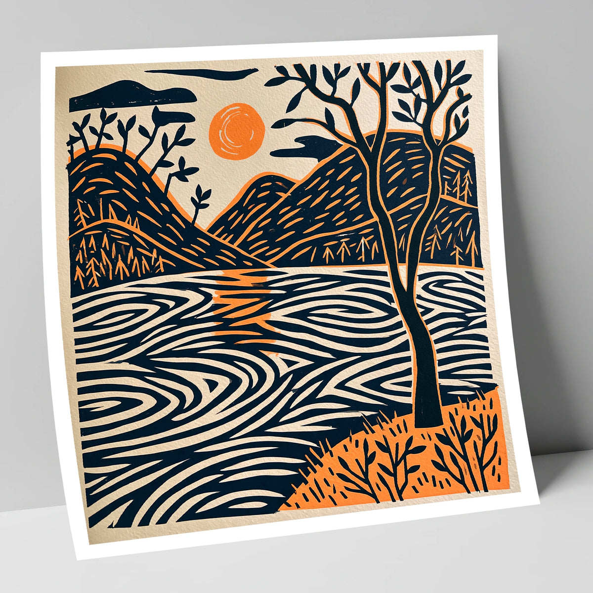 Dawn Lake in Terracotta and Navy lake district lake art print