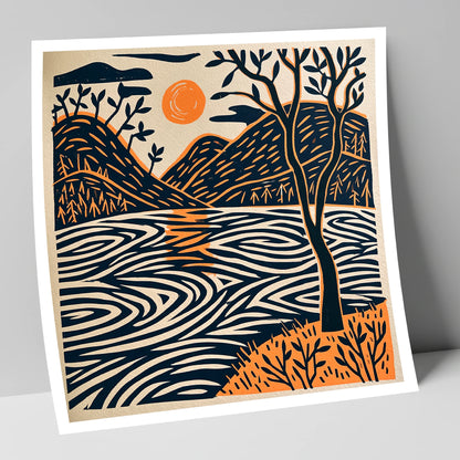 Dawn Lake in Terracotta and Navy lake district lake art print