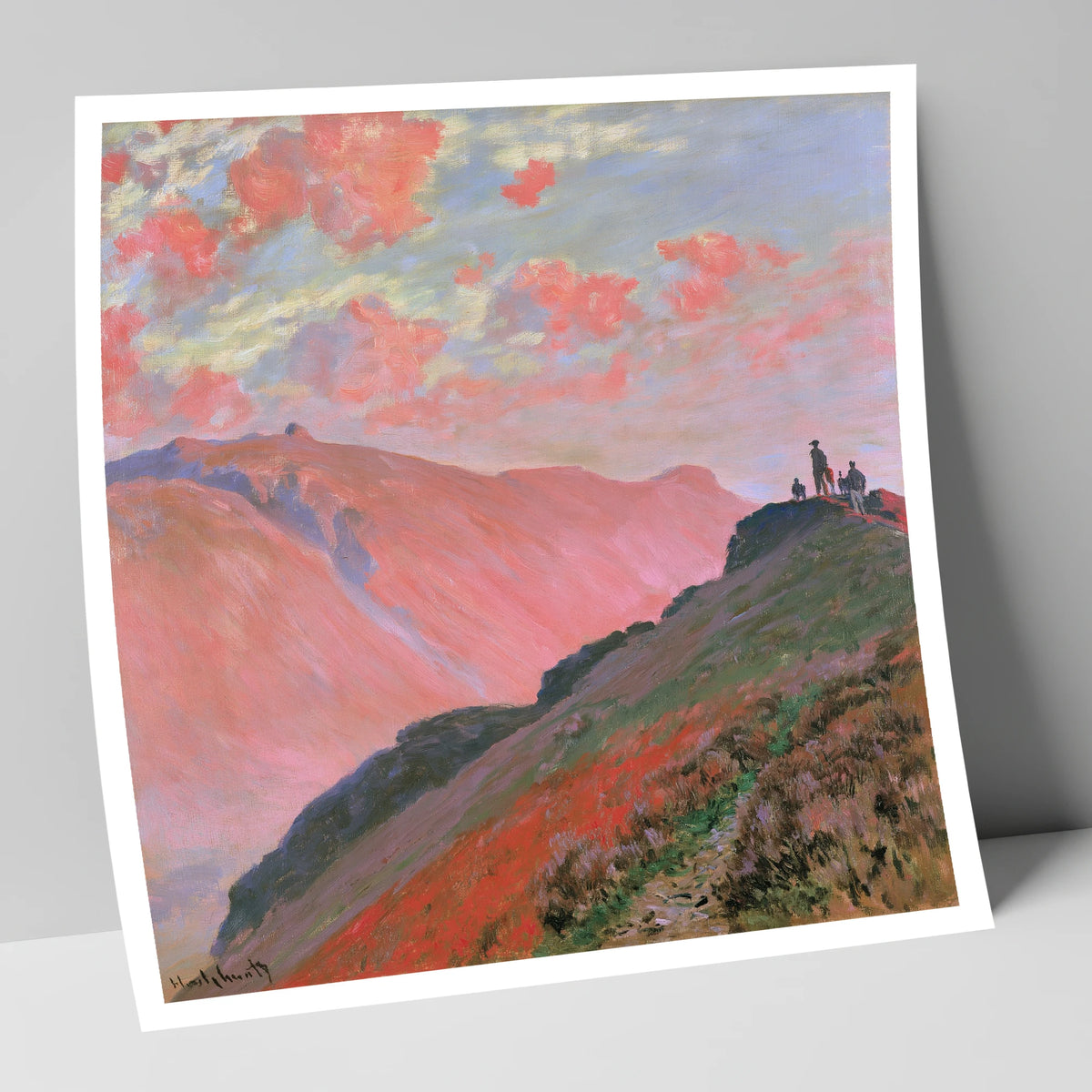 Hikers on a Pink Sunset Fell lake district fell art print