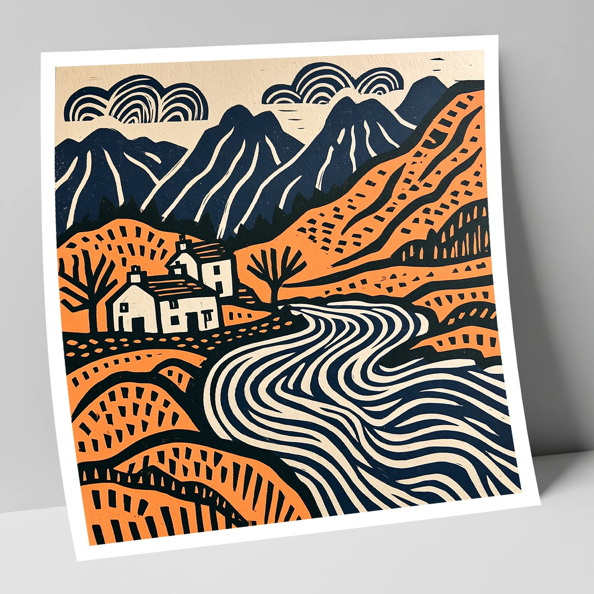 Grasmere Valley in Terracotta and Navy lake district lake art print