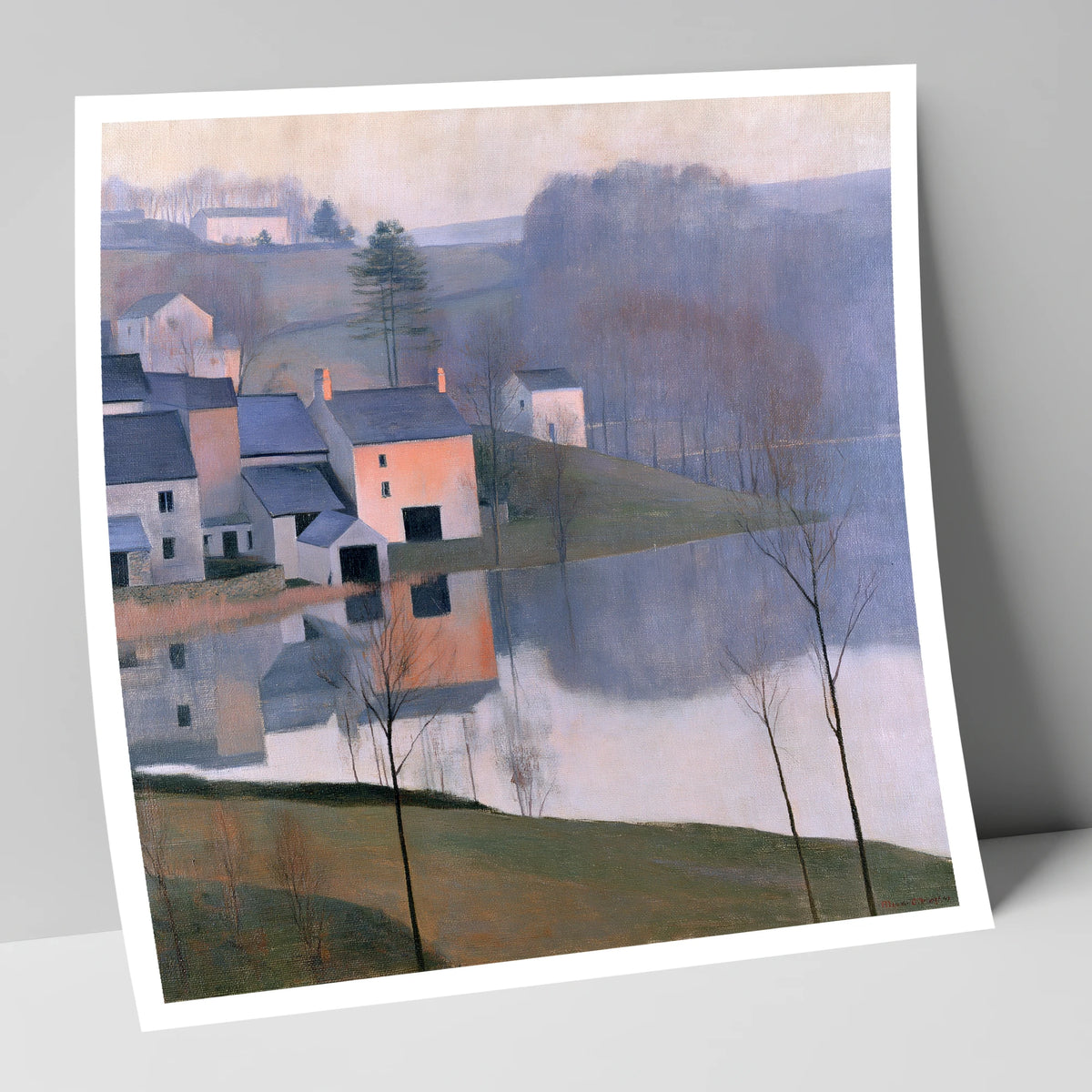 Pastel Lakeside Village Reflections lake district village art print