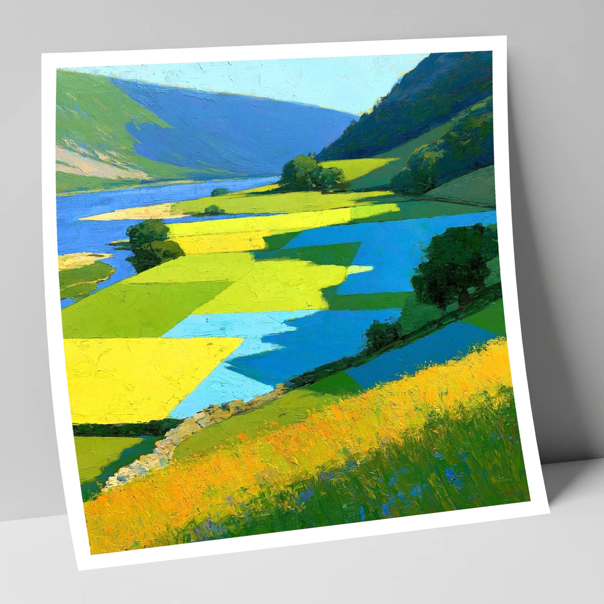 Sunlit Valley Pastures and Blue Shadows lake district valley art print