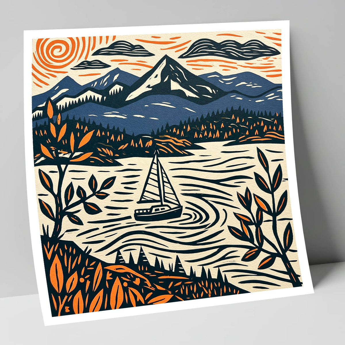 Navy and Orange Windermere Sailboat lake district lake art print