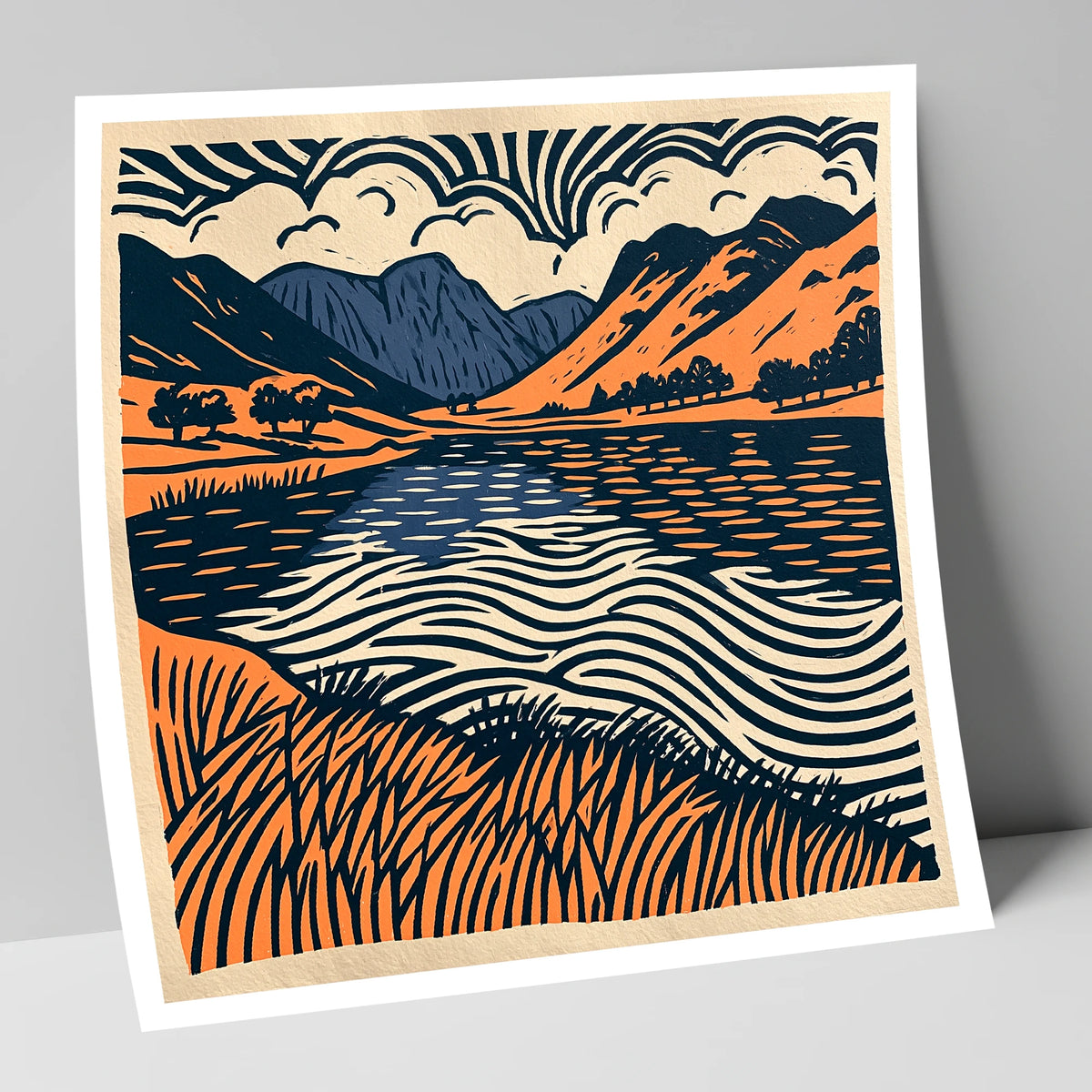 Calm Lake in Navy and Terracotta lake district lake art print