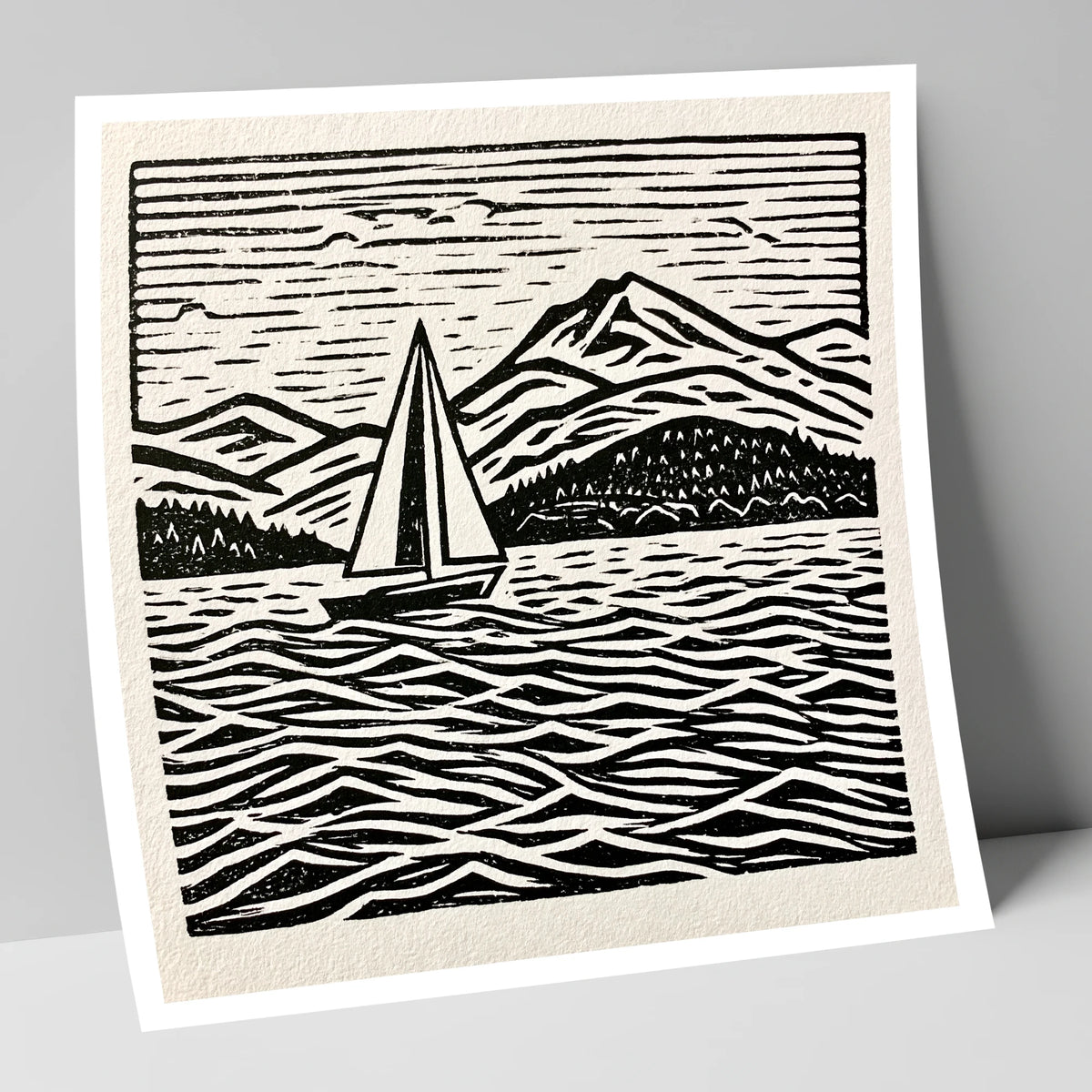 Monochrome Windermere Sailboat and Fells lake district lake art print