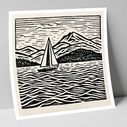 Monochrome Windermere Sailboat and Fells lake district lake art print