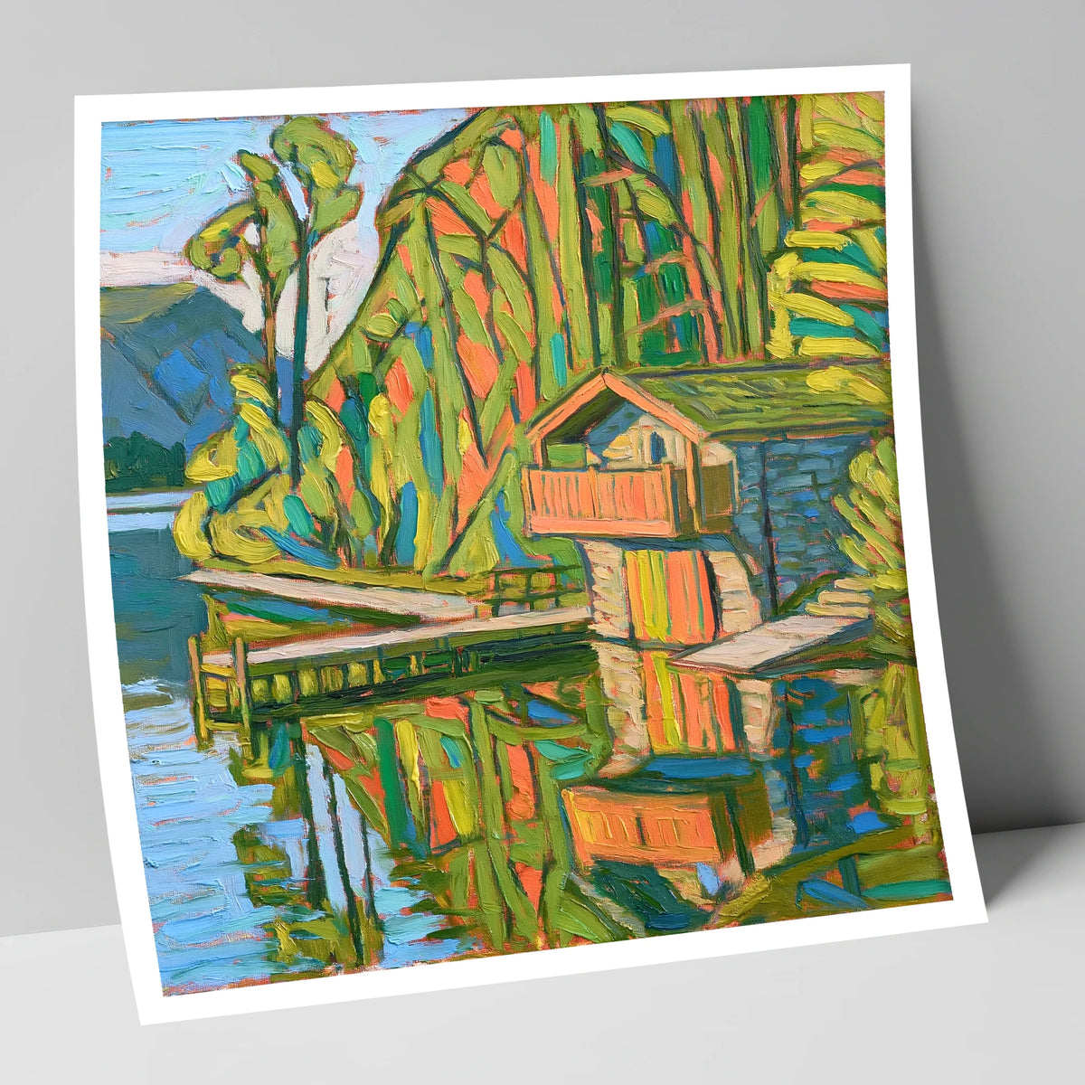 Vivid Pooley Bridge Boathouse lake district village art print