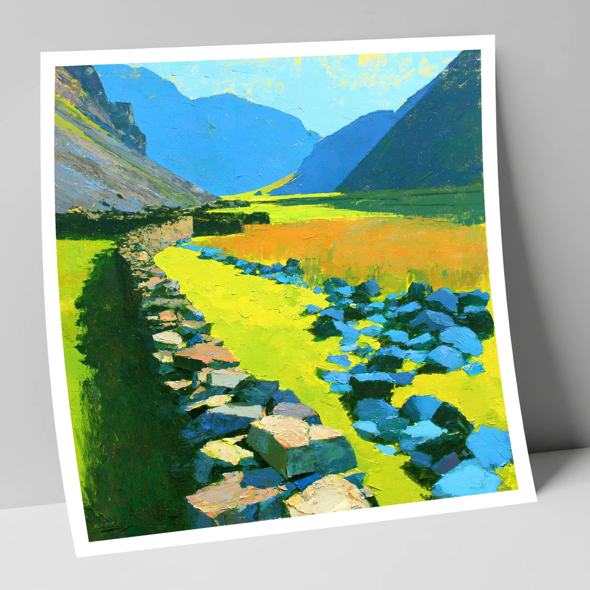 Sunlit Stone Wall and Blue Fells lake district valley art print