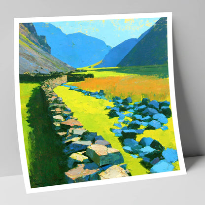 Sunlit Stone Wall and Blue Fells lake district valley art print