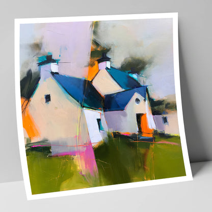 Colourful Slate Roofed Cottages lake district village art print