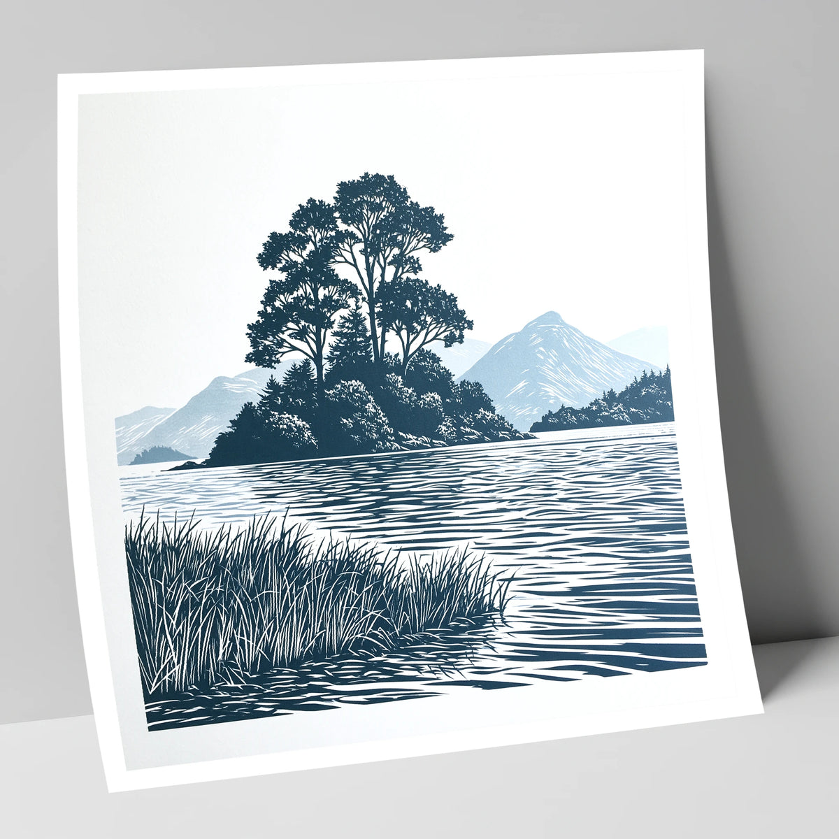 Derwentwater Island in Slate Blue lake district lake art print