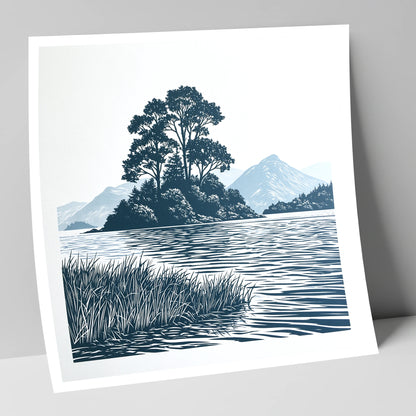 Derwentwater Island in Slate Blue lake district lake art print