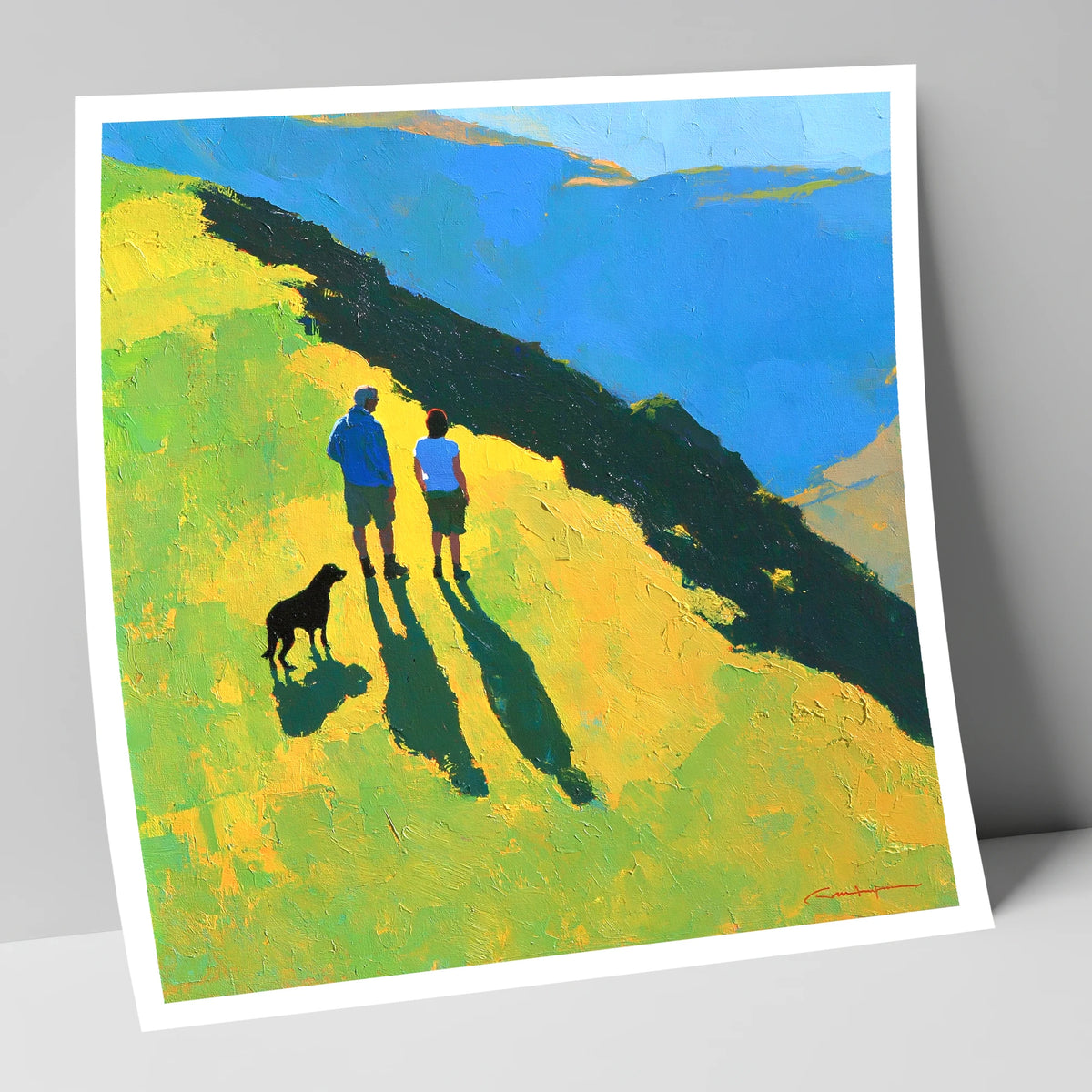 Sunlit Dog Walkers on Blencathra gifts for dog walkers art print