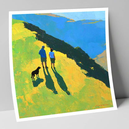 Sunlit Dog Walkers on Blencathra gifts for dog walkers art print