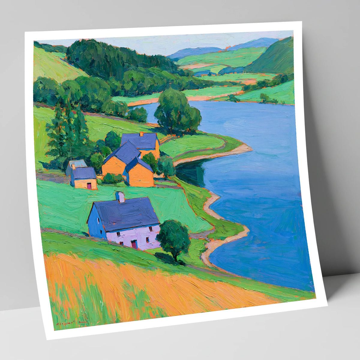 Vivid Lakeside Village and Fells lake district village art print