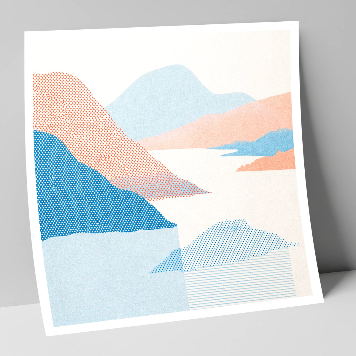 Ullswater Fells in Coral and Blue lake district lake art print
