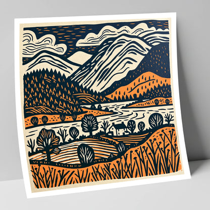 Grasmere Fells in Terracotta and Navy lake district lake art print