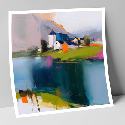 Vibrant Lakeside Village Reflections lake district village art print