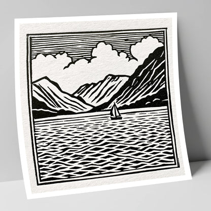 Black and White Ullswater Sailboat lake district lake art print