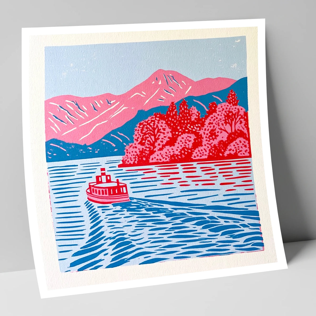 Vibrant Derwentwater Boat and Fells lake district lake art print
