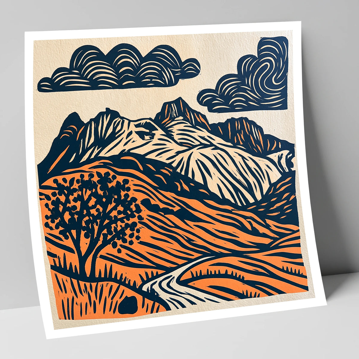 Langdale Pikes in Navy and Orange lake district fell art print