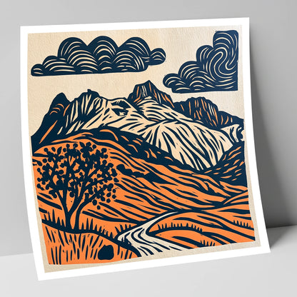 Langdale Pikes in Navy and Orange lake district fell art print