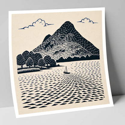 Graphic Catbells and Sailing Boat lake district fell art print